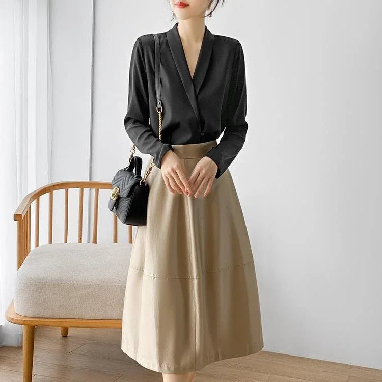 Silk Satin V-Neck Tunic - Long Sleeve, Office Chic