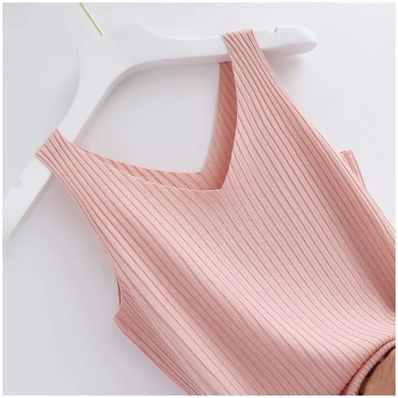 Knitted Sleeveless V-Neck Tank Top - Slim Fit, Khaki