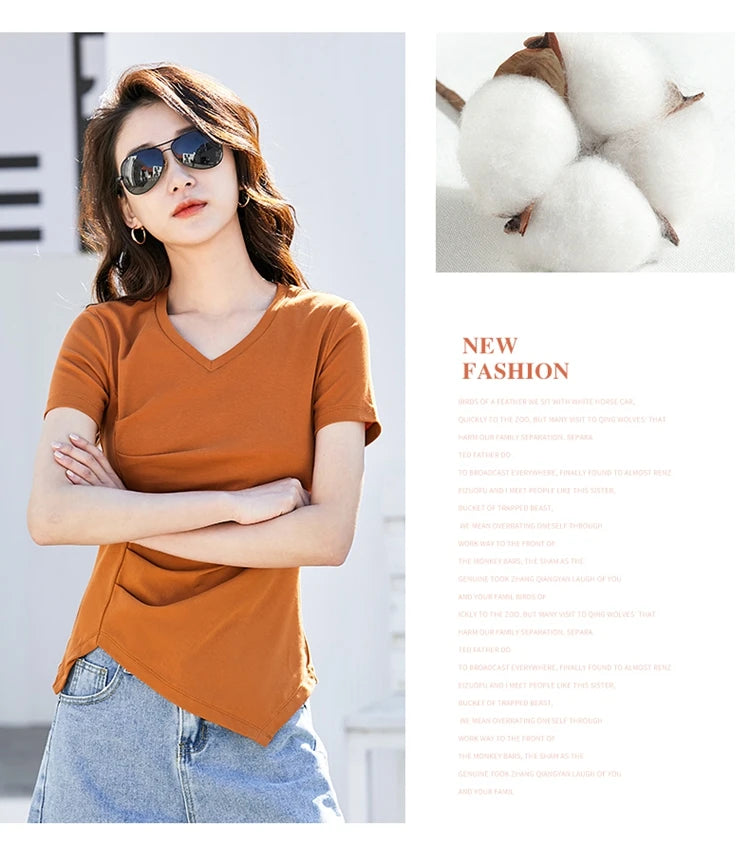 Chic V-Neck Pleated Cotton Tee - Irregular Hem