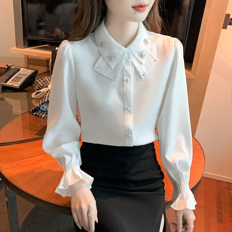 Elegant Chiffon Long Sleeve Blouse - White, Korean Office Style 2025