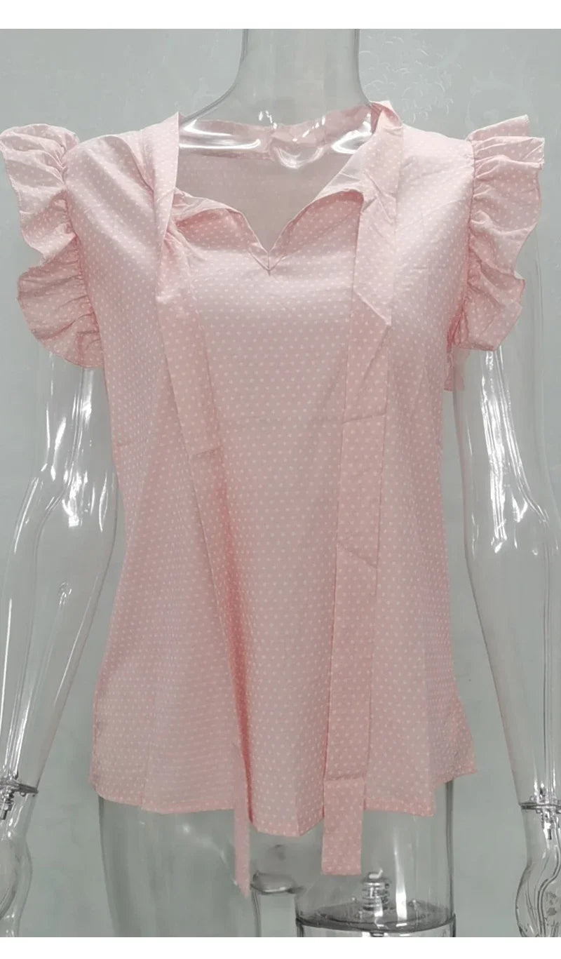 Sleeveless Ruffle Polka Dot Blouse - Lace-Up Bow