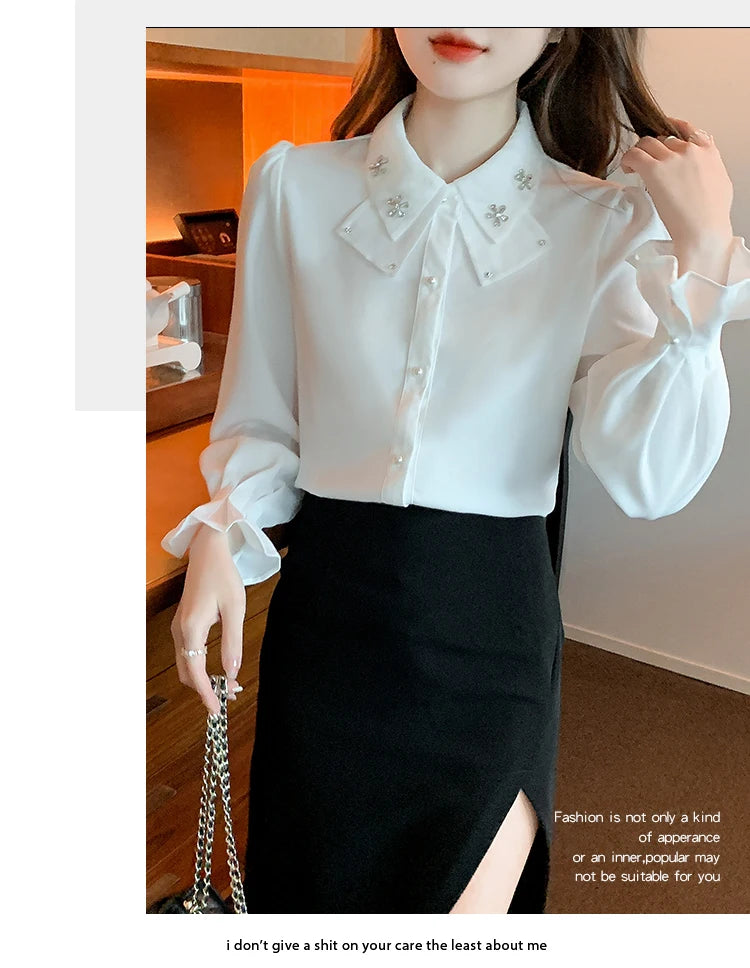 Elegant Chiffon Long Sleeve Blouse - White, Korean Office Style 2025