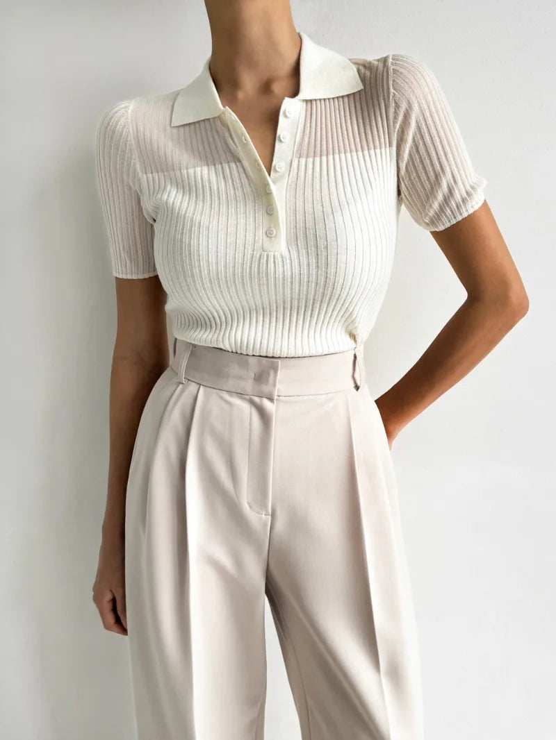 Ice Silk Polo Crop Top - Hollow-Out, Short Sleeve Korean Style