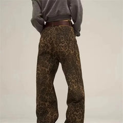 Leopard Print Wide-Leg Jeans - Oversized Vintage Streetwear Denim