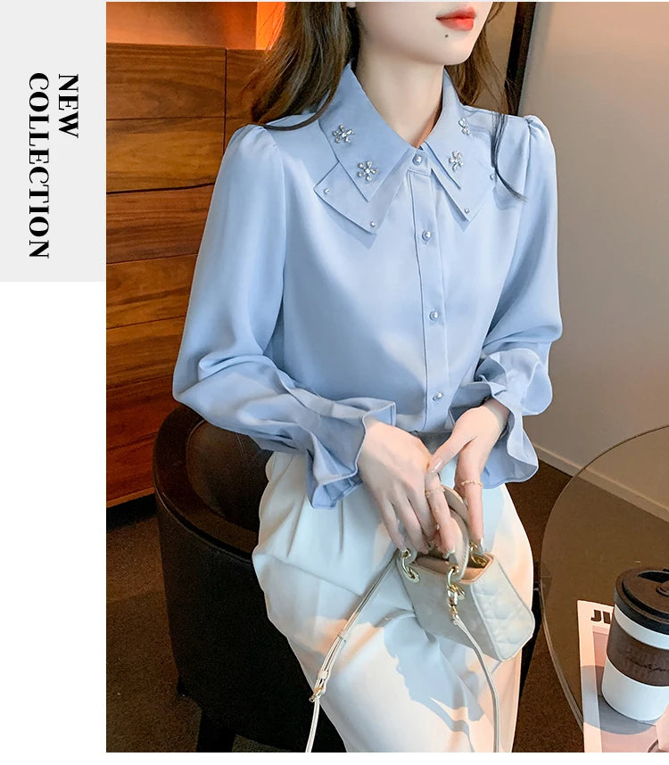 Elegant Chiffon Long Sleeve Blouse - White, Korean Office Style 2025