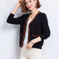 Striped Patchwork Knit Cardigan - V-Neck, Long Sleeve, Autumn 2024