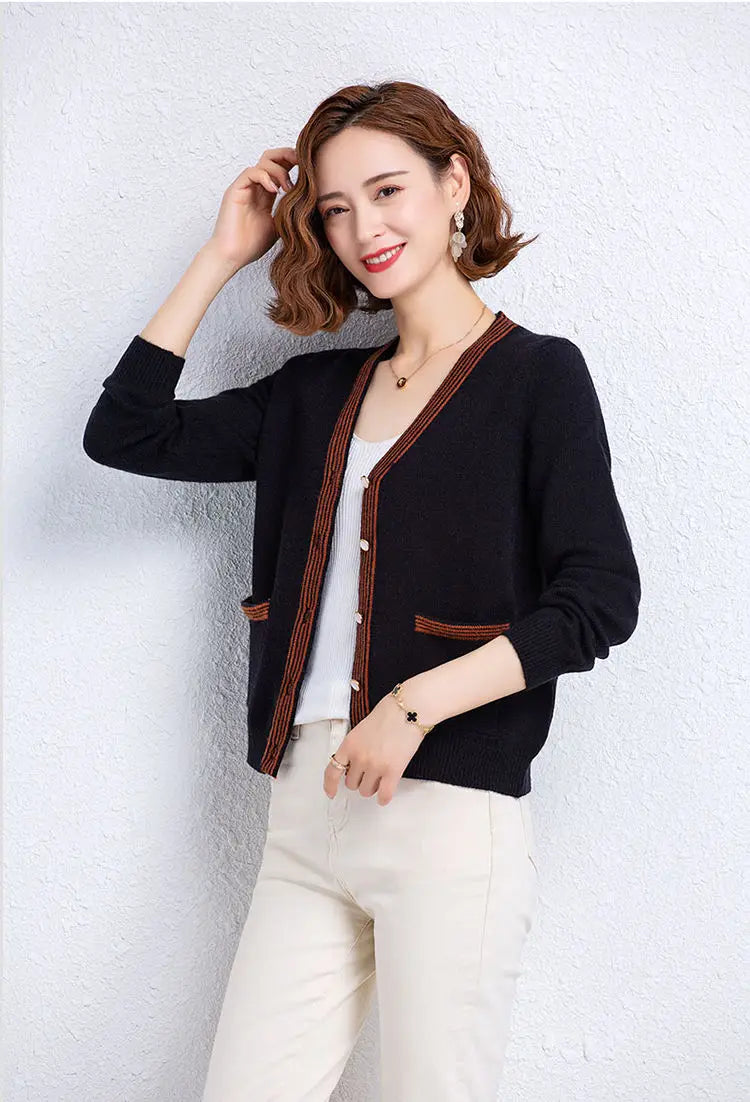 Striped Patchwork Knit Cardigan - V-Neck, Long Sleeve, Autumn 2024