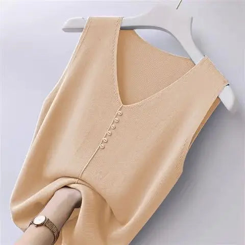 Ice Silk V-Neck Tank Top - Loose Fit Knitted Sleeveless Casual Outerwear for Women (S-6XL)