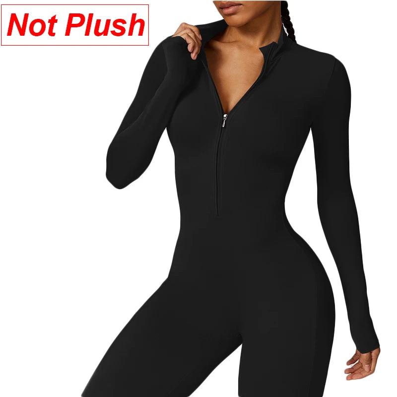Warm Plush One-Piece Sports Jumpsuit – Women's Winter Fitness Tracksuit