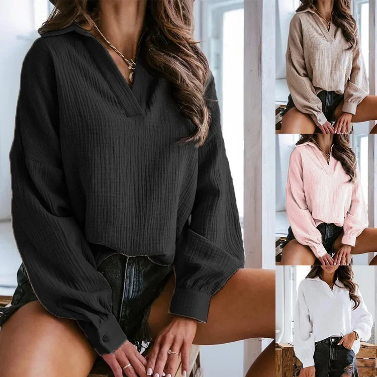 Lantern Sleeve Polo Pullover - Solid Color, Casual Autumn/Winter Top