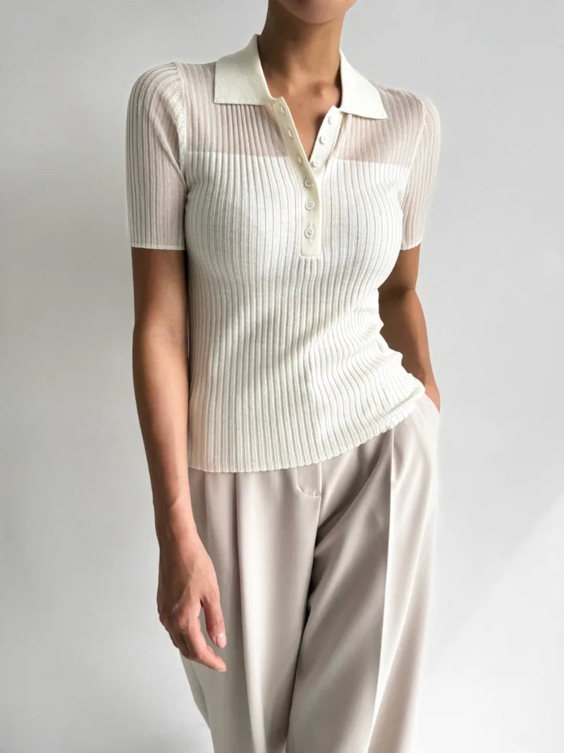 Ice Silk Polo Crop Top - Hollow-Out, Short Sleeve Korean Style