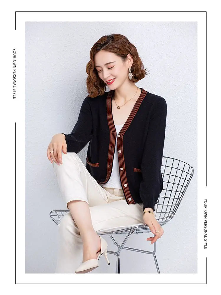 Striped Patchwork Knit Cardigan - V-Neck, Long Sleeve, Autumn 2024