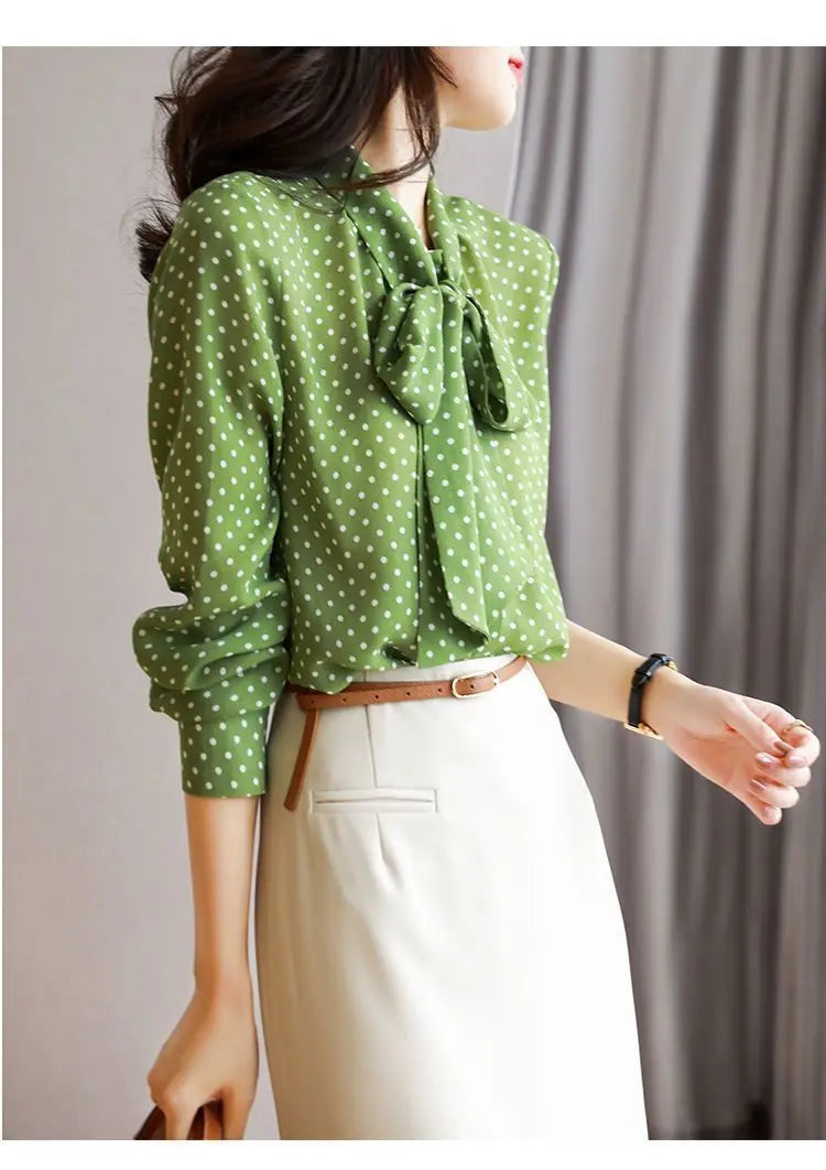 Polka Dot Shawl Collar Blouse - Bow Detail, Long Sleeve