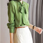 Polka Dot Shawl Collar Blouse - Bow Detail, Long Sleeve