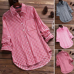 Plaid Cotton-Linen Tunic - V-Neck Roll-Up Sleeve Button-Down Shirt