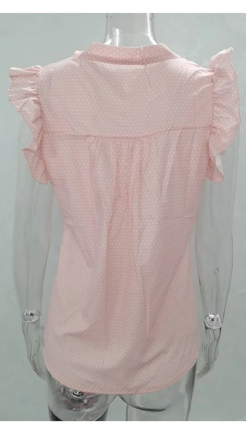 Sleeveless Ruffle Polka Dot Blouse - Lace-Up Bow