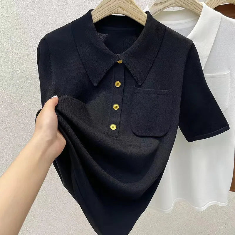 2024 Ice Silk Polo Top - Short Sleeve, Button Pocket Design
