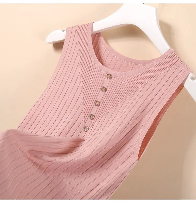Elegant Knit V-Neck Tank Top - Sleeveless & Striped