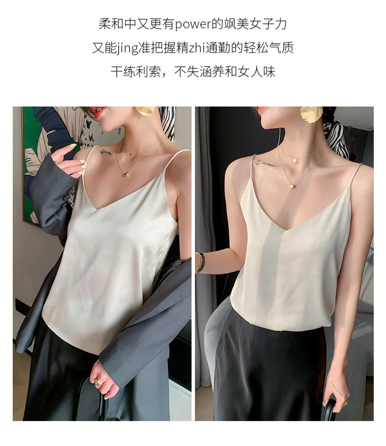 Real Silk V-Neck Sleeveless Top - Black/White, Spring 2023