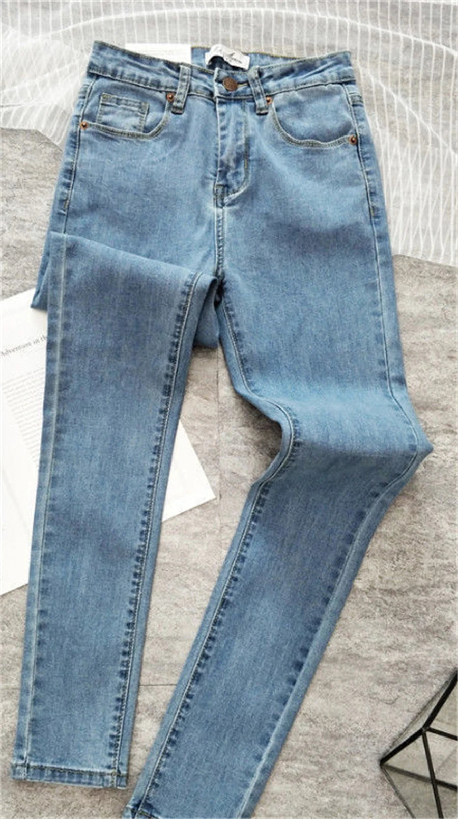 High-Waist Skinny Pencil Jeans - Stretch Denim Ankle-Length Pants