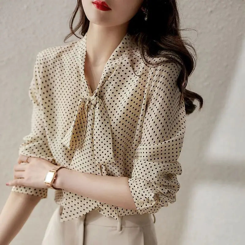Polka Dot Shawl Collar Blouse - Bow Detail, Long Sleeve