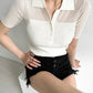 Ice Silk Polo Crop Top - Hollow-Out, Short Sleeve Korean Style