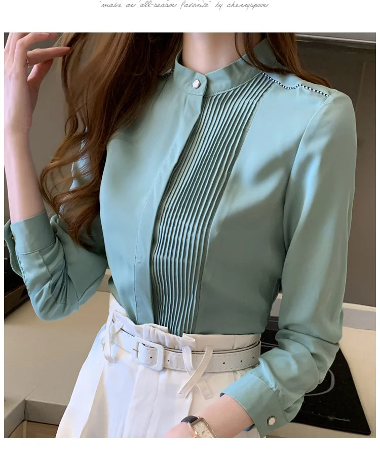 023 Chiffon Bow V-Neck Blouse - Long Sleeve Office Top