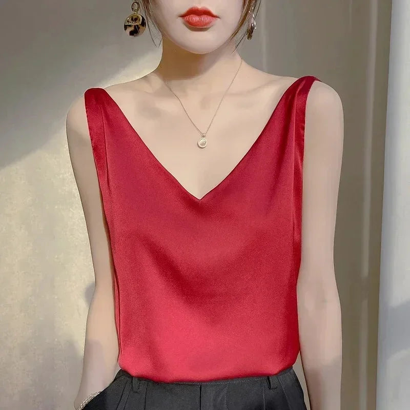 Satin Silk Lace Tank Top - V-Neck Sleeveless Camisole (S-3XL