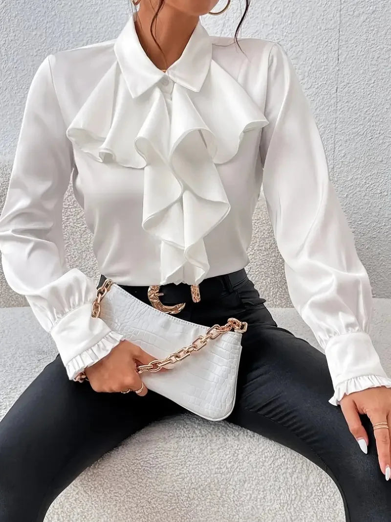 White Ruffled Lapel Blouse - Long Sleeve, Office Chic