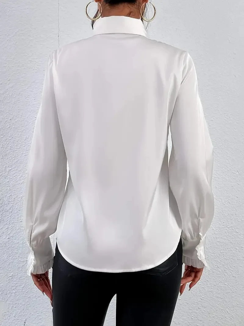 White Ruffled Lapel Blouse - Long Sleeve, Office Chic