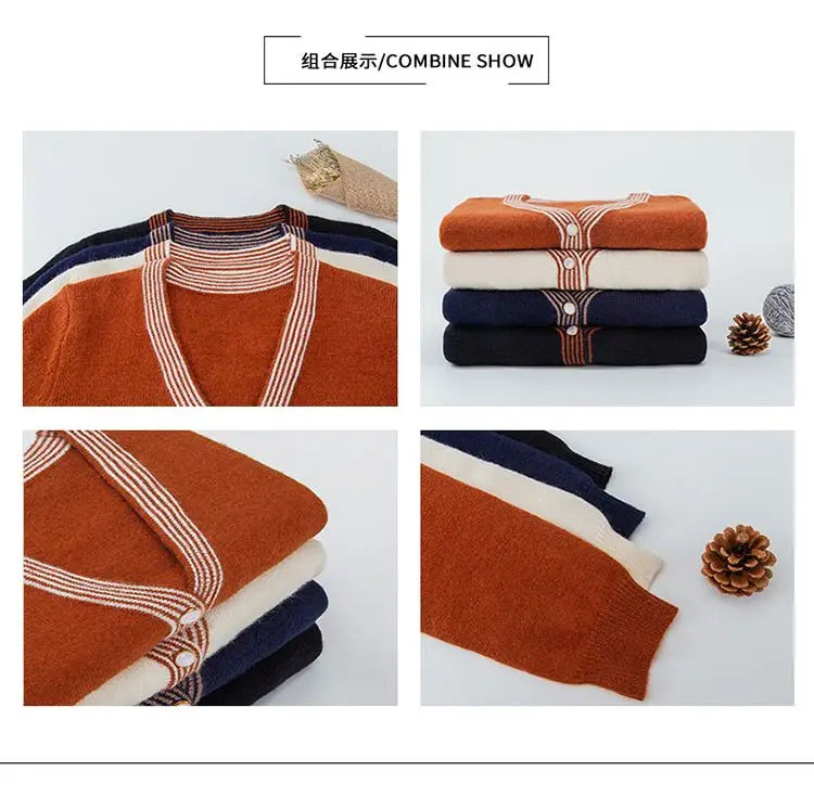 Autumn 2024 Patchwork Knit Cardigan - Striped V-Neck Sweater