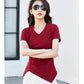 Chic V-Neck Pleated Cotton Tee - Irregular Hem