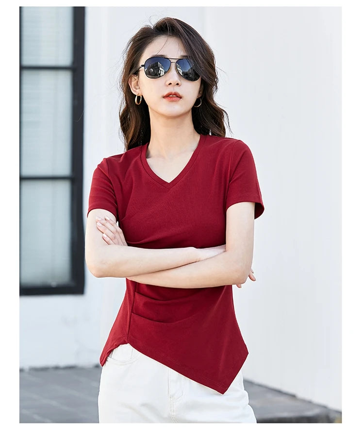 Chic V-Neck Pleated Cotton Tee - Irregular Hem