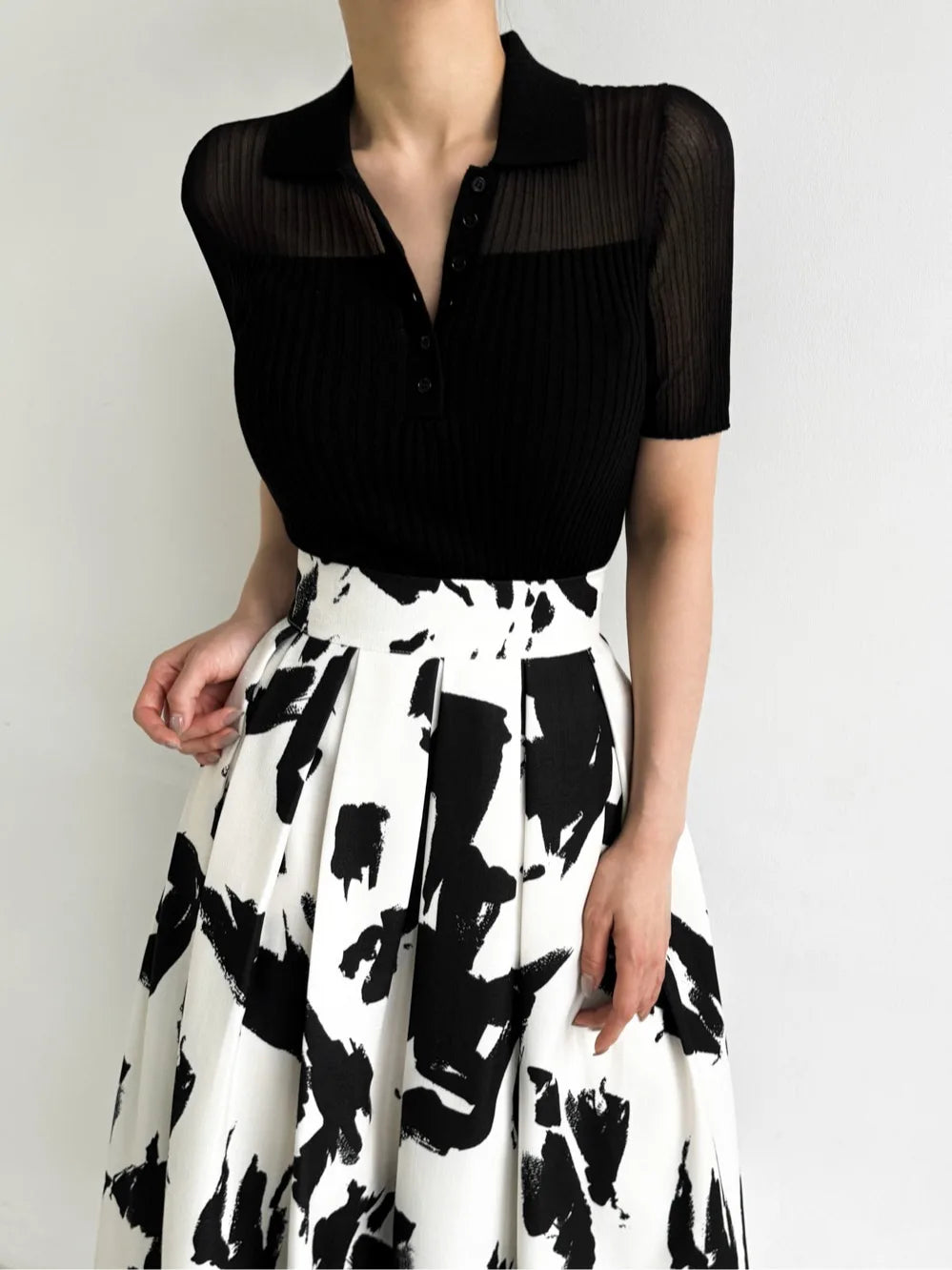 Ice Silk Polo Crop Top - Hollow-Out, Short Sleeve Korean Style