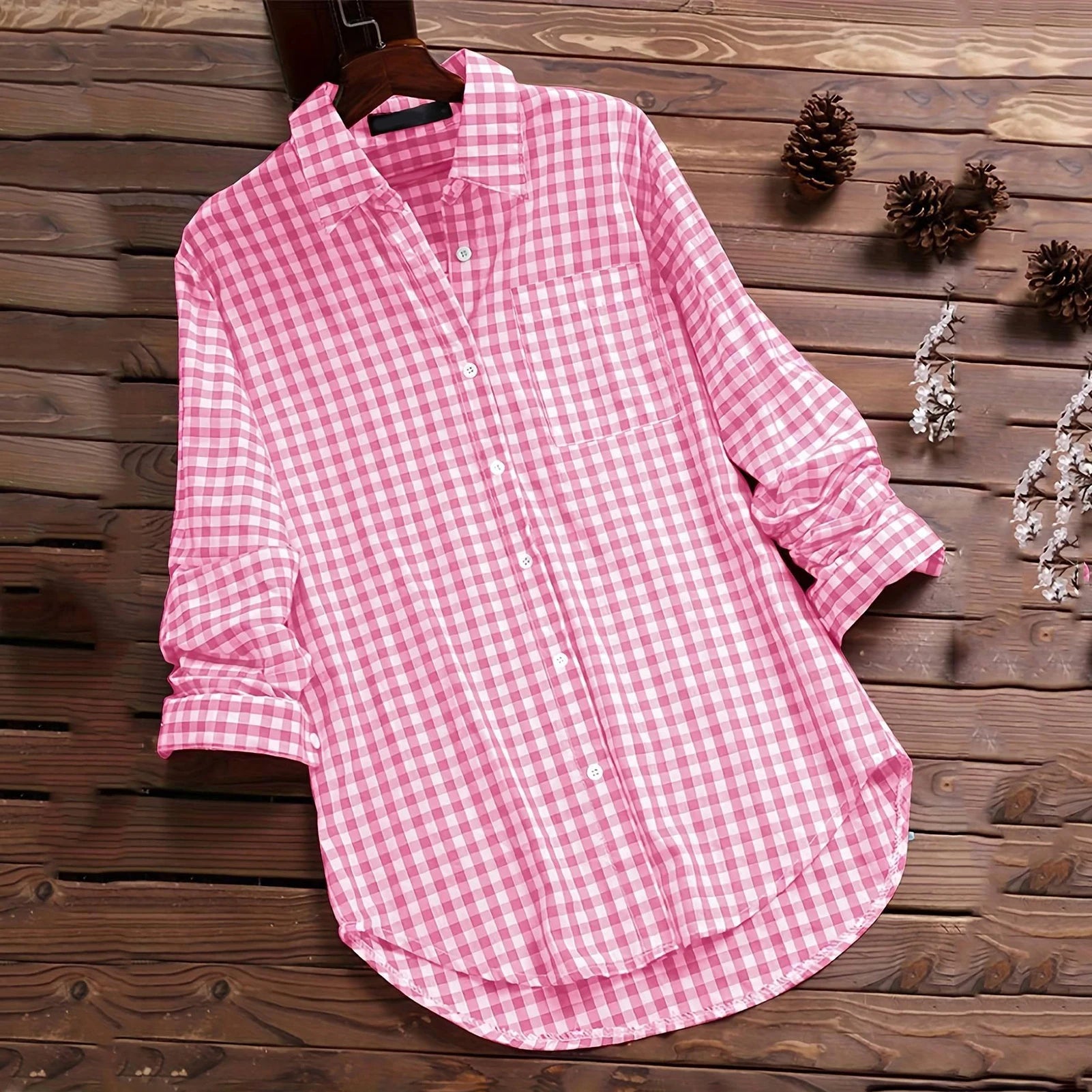 Plaid Cotton-Linen Tunic - V-Neck Roll-Up Sleeve Button-Down Shirt