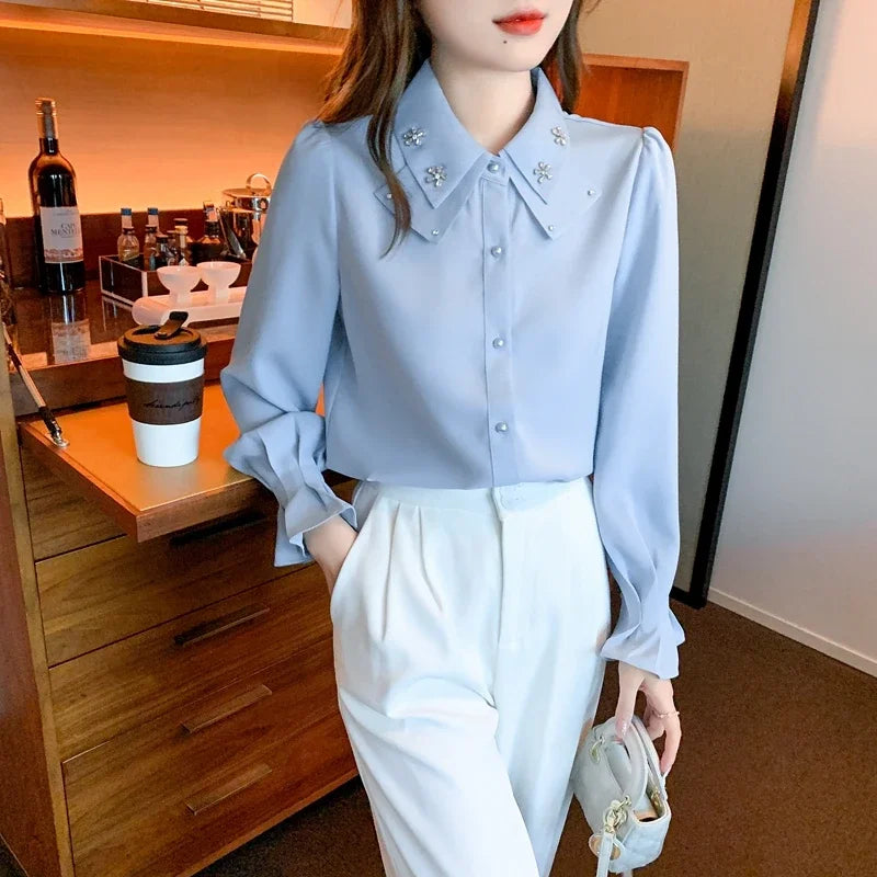 Elegant Chiffon Long Sleeve Blouse - White, Korean Office Style 2025