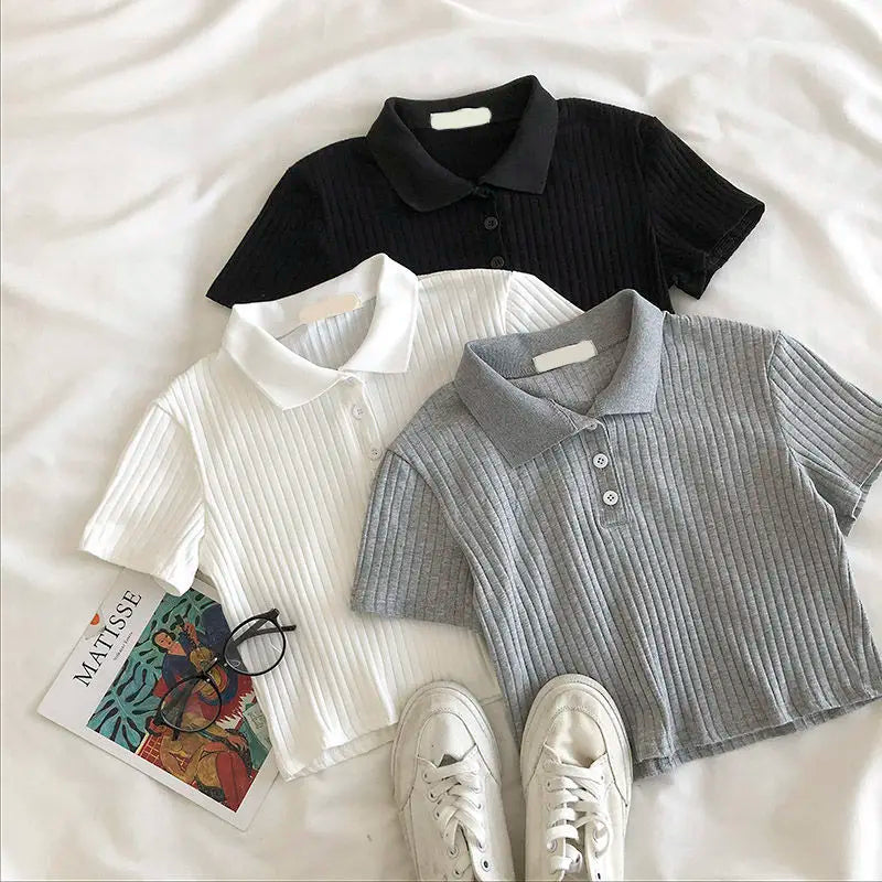 Youthful Knit Polo Crop Top - Short Sleeve
