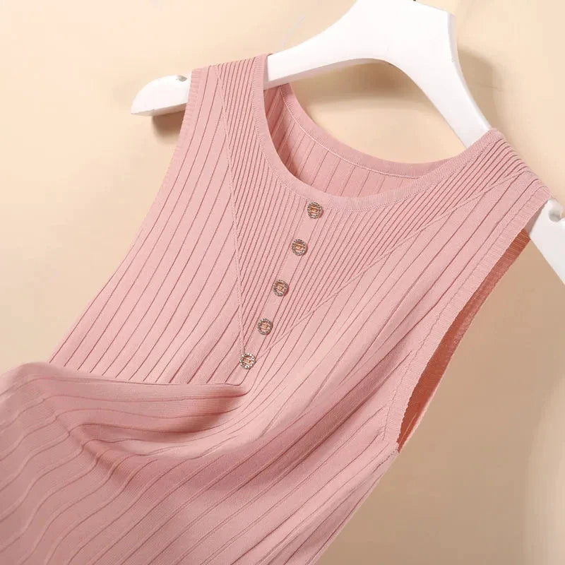 Elegant Knit V-Neck Tank Top - Sleeveless & Striped