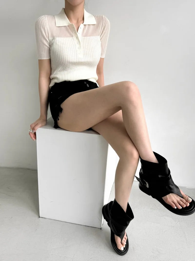 Ice Silk Polo Crop Top - Hollow-Out, Short Sleeve Korean Style