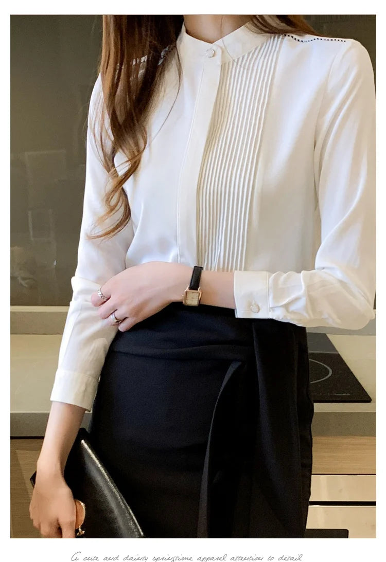 023 Chiffon Bow V-Neck Blouse - Long Sleeve Office Top