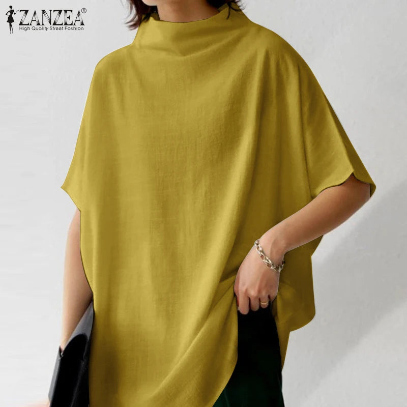 ZANZEA Cotton Turtleneck Blouse - Short Sleeve, Oversized Fit