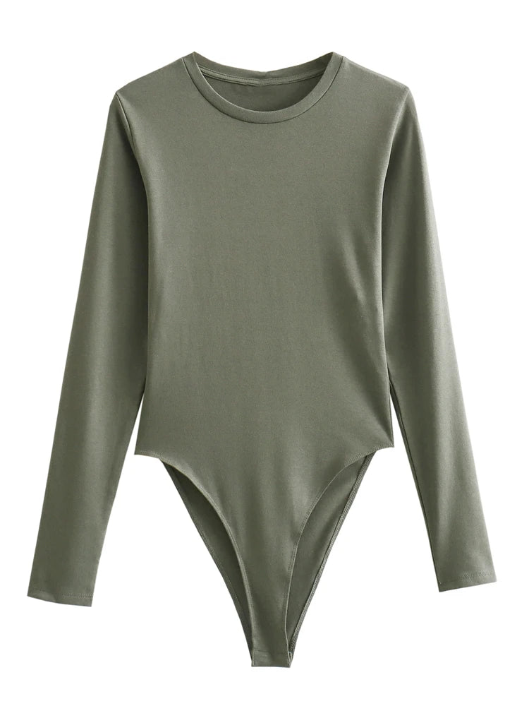 Long Sleeve Slim Jumpsuit - Casual Round Neck Bodysuit for Women