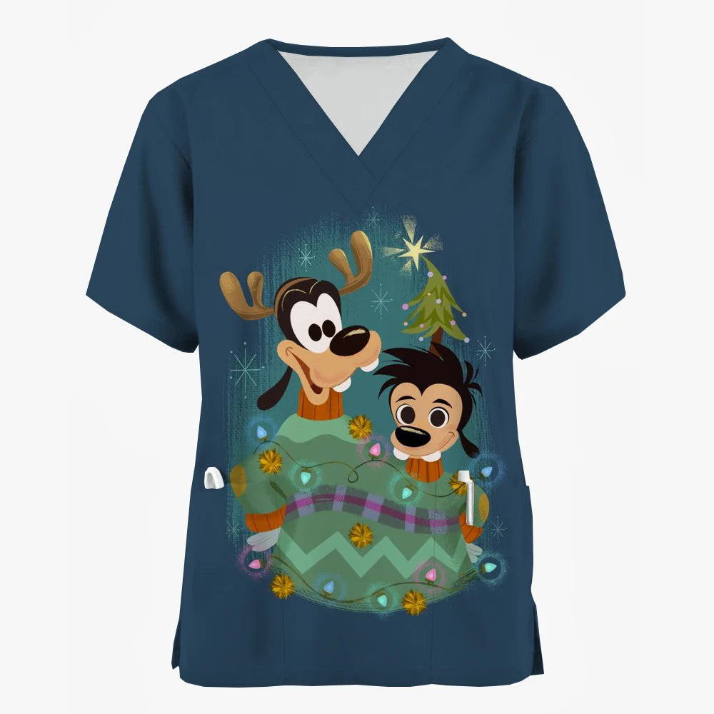 Mickey Mouse V-Neck Nursing Scrub Top - Christmas Print