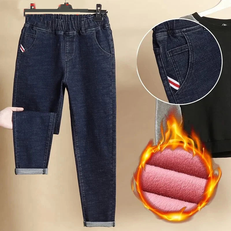 Oversized Winter Thicken Denim Pants – High Waist, Plus Velvet, Loose Fit