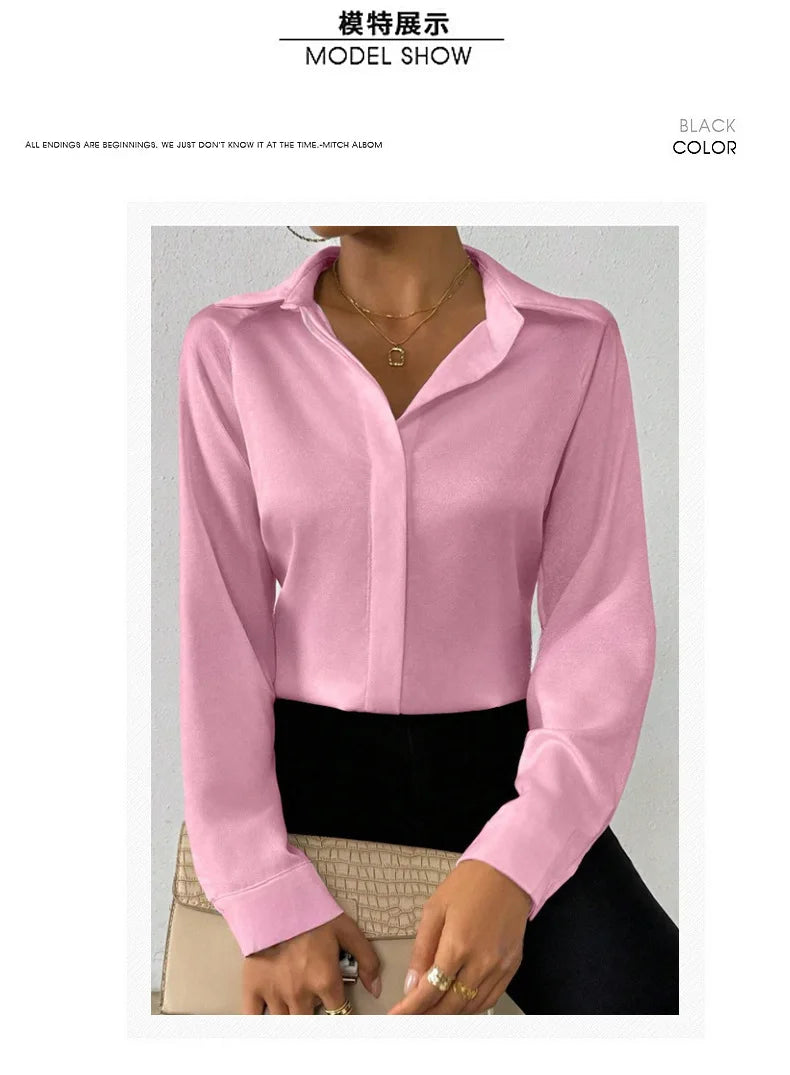 Elegant Long Sleeve Silk-Like Blouse - High-Quality Fashion