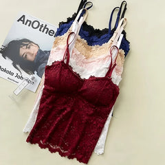 Floral Lace Bralette - Wirefree Sexy Camisole Top with Adjustable Straps & Removable Pads