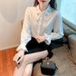 Elegant Chiffon Long Sleeve Blouse - White, Korean Office Style 2025