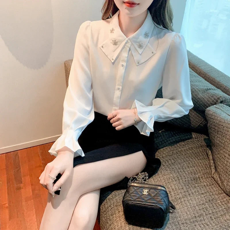 Elegant Chiffon Long Sleeve Blouse - White, Korean Office Style 2025