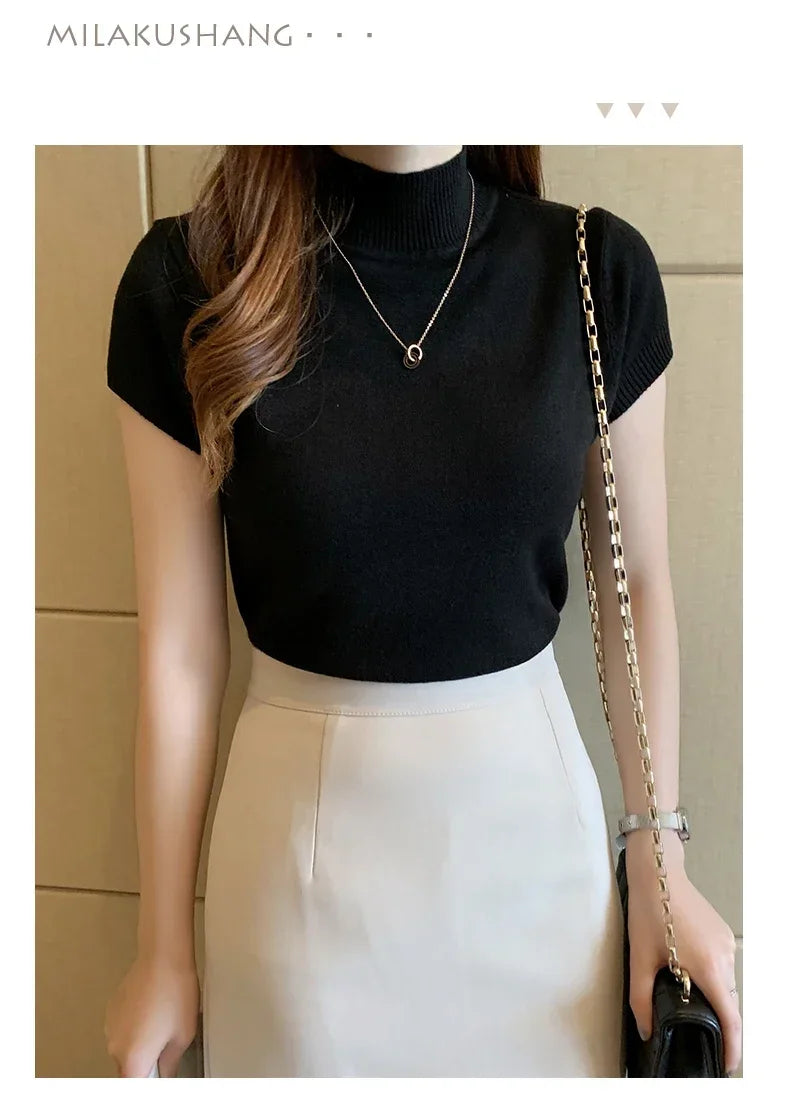 2024 Summer Turtleneck Knit Blouse - Short Sleeve