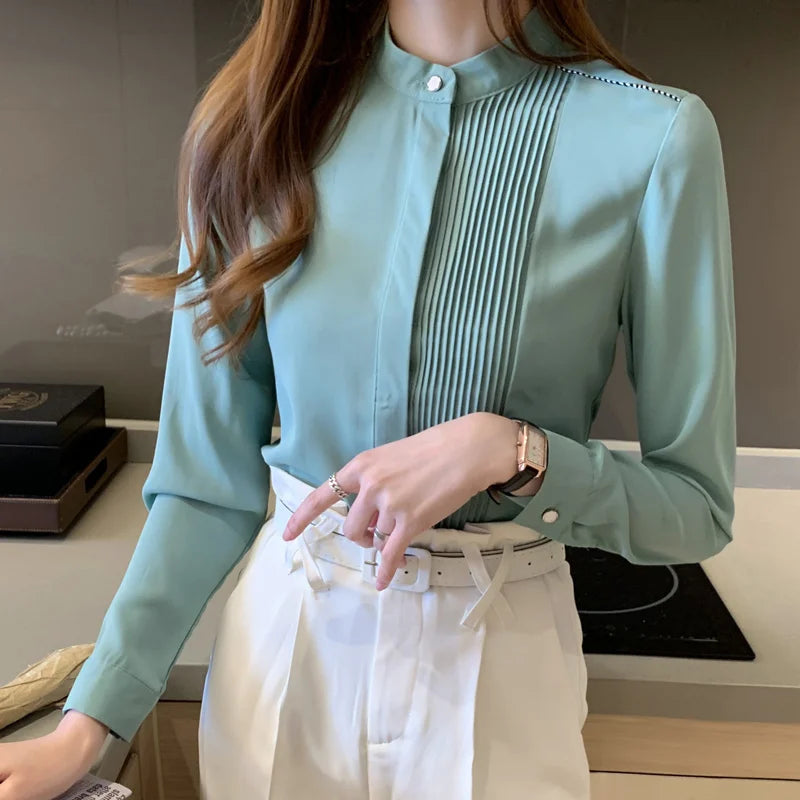 023 Chiffon Bow V-Neck Blouse - Long Sleeve Office Top